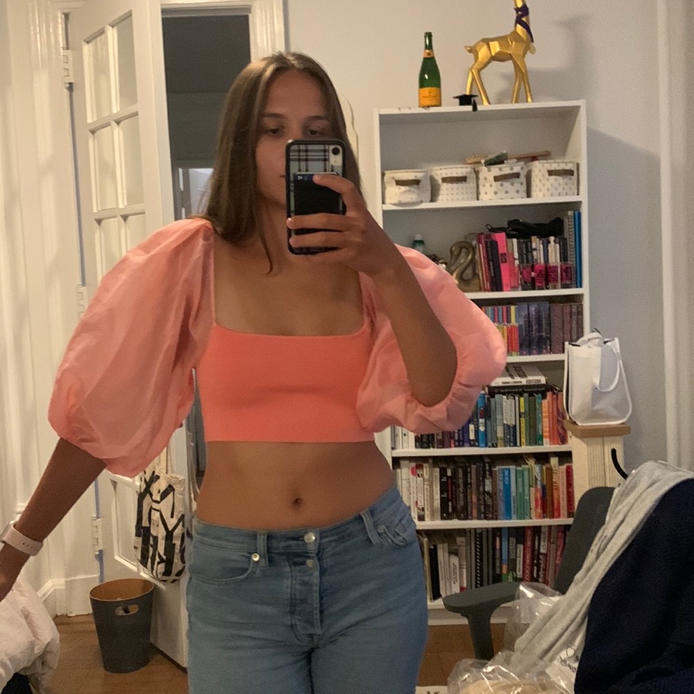 Zara hot pink square neck puffed sleeves crop top. M